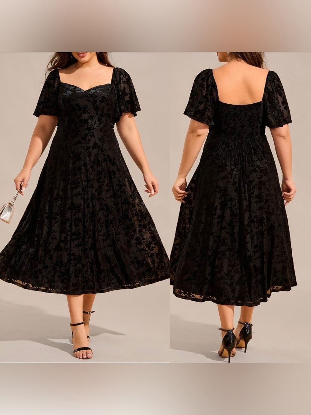 Ever Pretty Black Velvet Burnout Floral Midi Dress Flutter Sleeve 22 Plus 3X